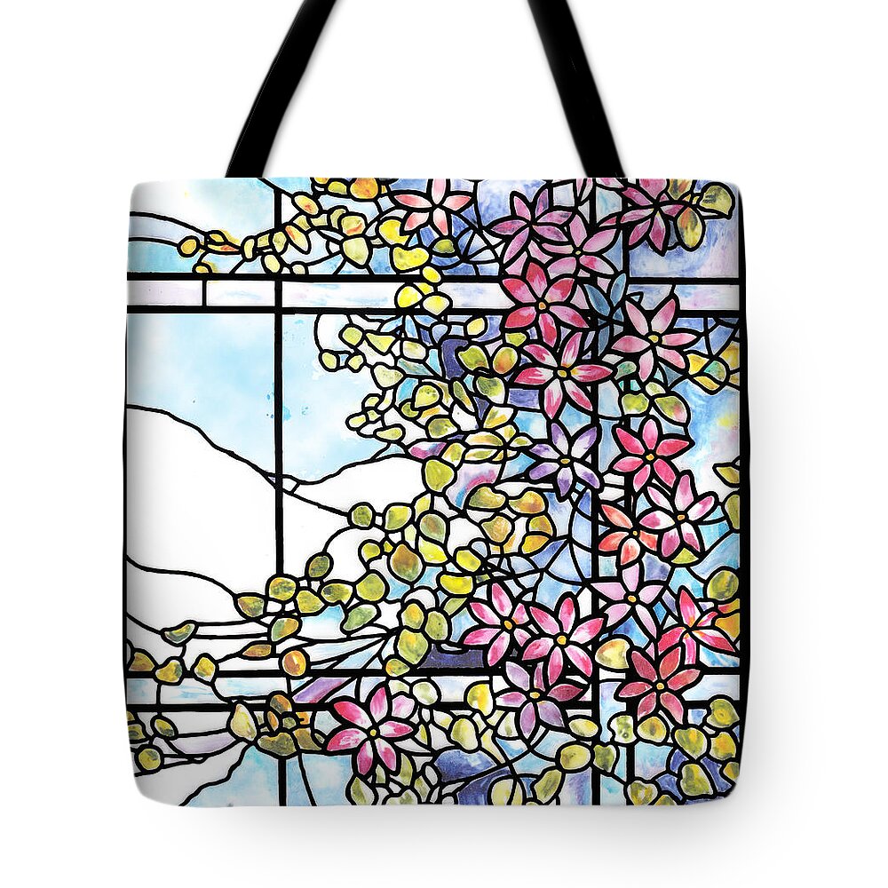 Clematis Tote Bag featuring the painting Stained Glass Tiffany Floral Skylight - Fenway Gate by Donna Walsh