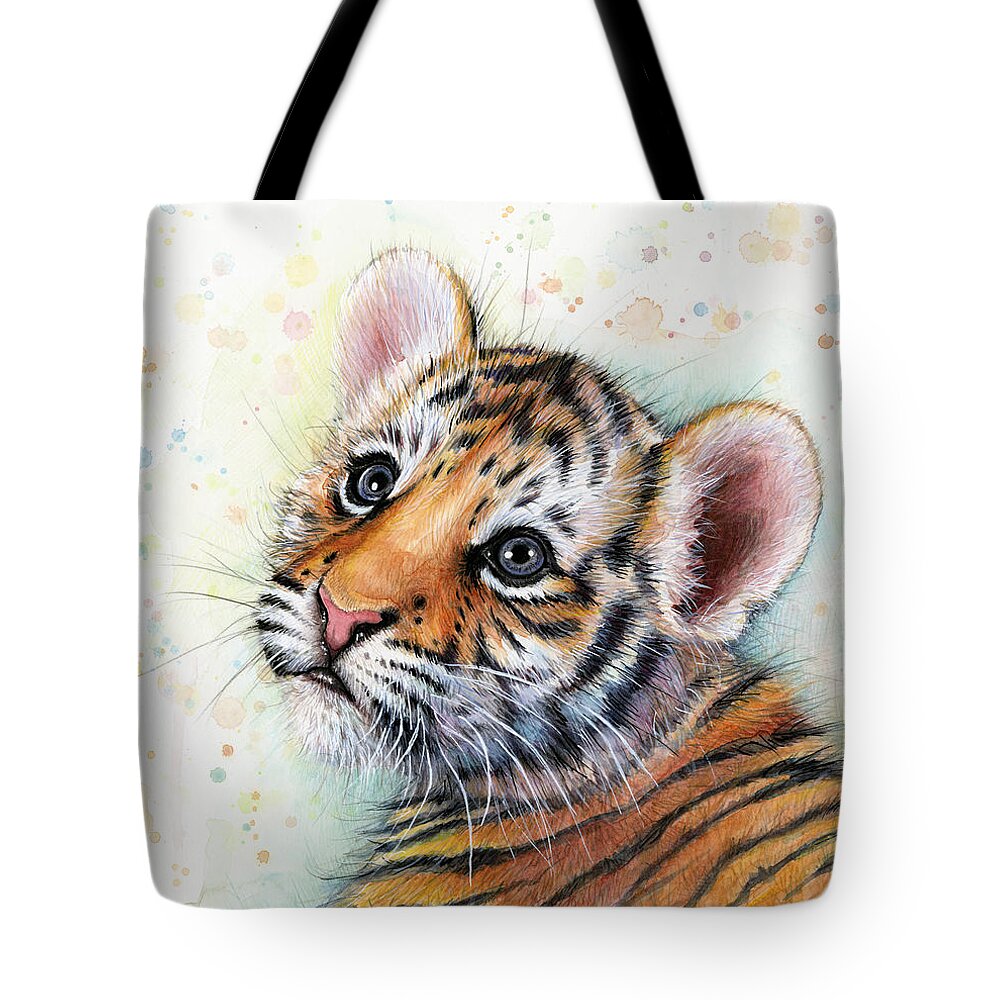 Tiger Tote Bag featuring the painting Tiger Cub Watercolor Art by Olga Shvartsur