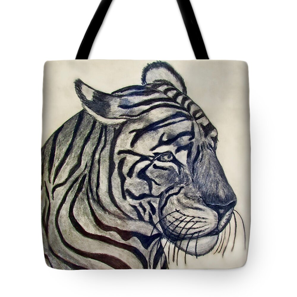 Animals Tote Bag featuring the drawing Tiger II by Debbie Portwood