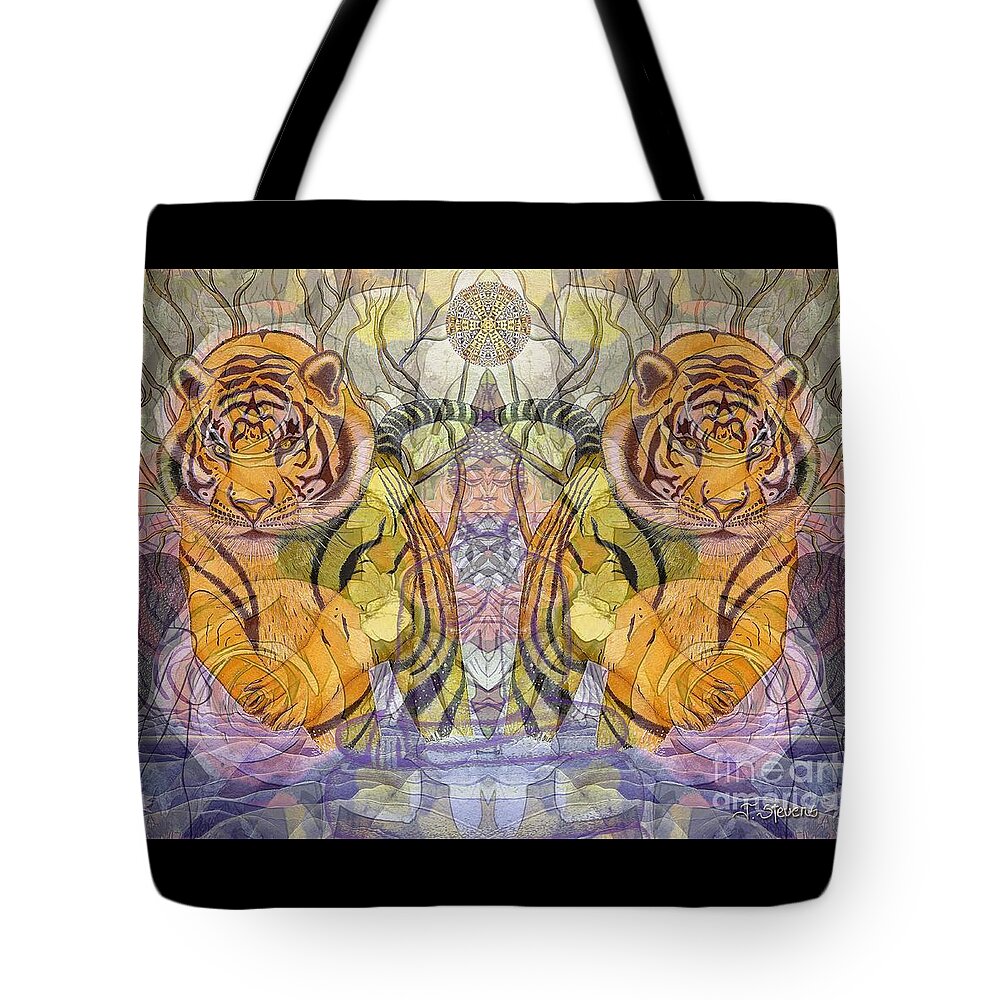 Tiger Spirits In The Garden Of The Buddha Tote Bag featuring the painting Tiger Spirits in the Garden of the Buddha by Joseph J Stevens