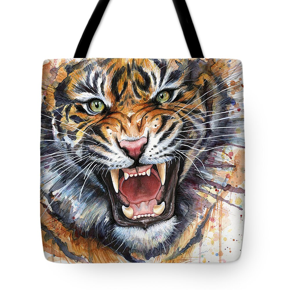 Watercolor Tote Bag featuring the painting Tiger Watercolor Portrait by Olga Shvartsur
