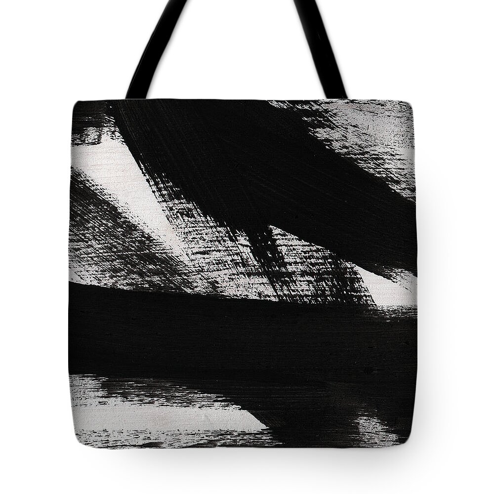 Black And White Abstract Tote Bag featuring the painting Timber 2- horizontal abstract black and white painting by Linda Woods
