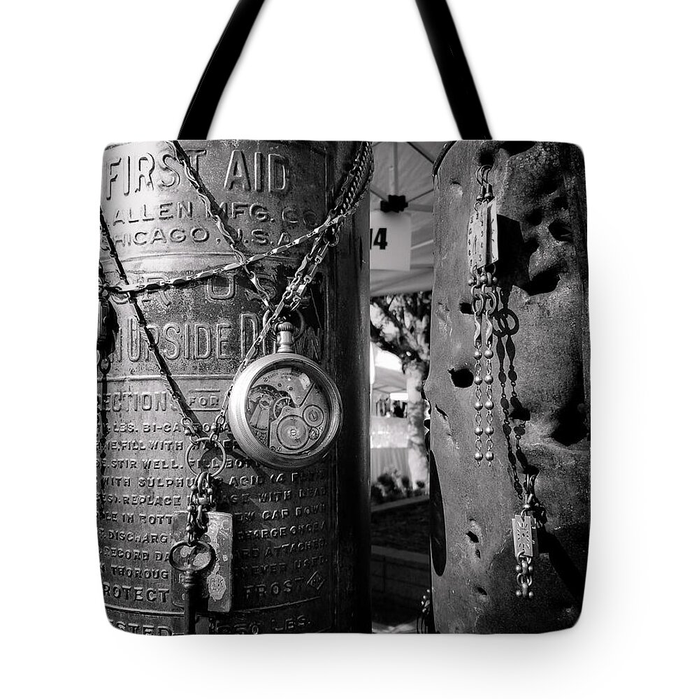 Metal Tote Bag featuring the photograph Time Between The Metal by Fei A