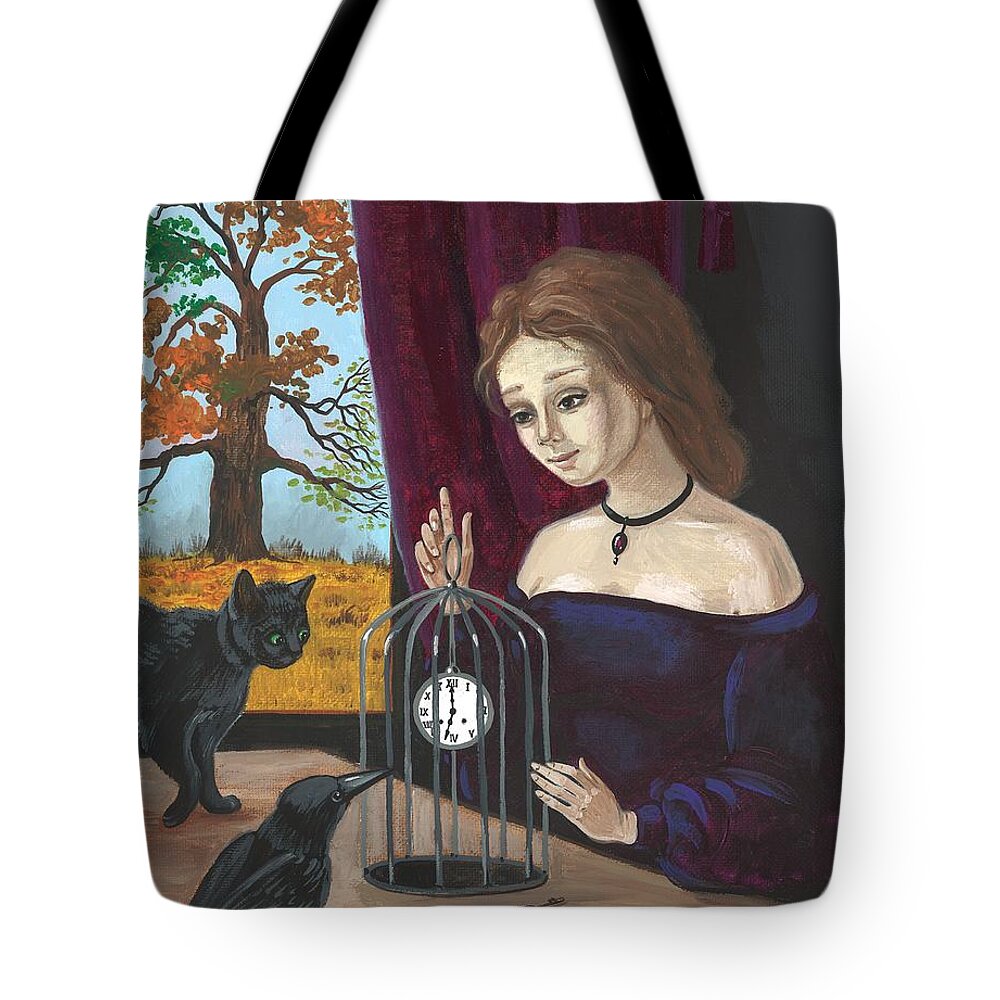 Painting Tote Bag featuring the painting Time In The Cage by Margaryta Yermolayeva