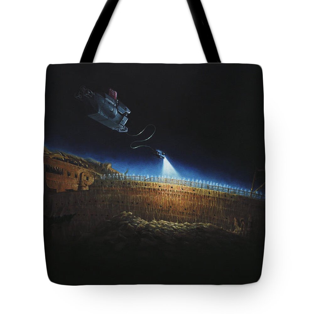 Titanic Tote Bag featuring the painting Titanic wreck save our souls by Martin Davey