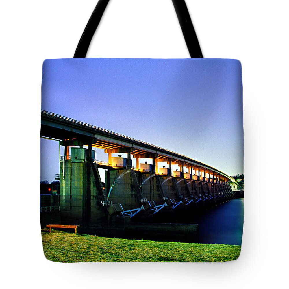 Toad Suck Tote Bag featuring the photograph Toad Suck Dam at Night by Jason Politte