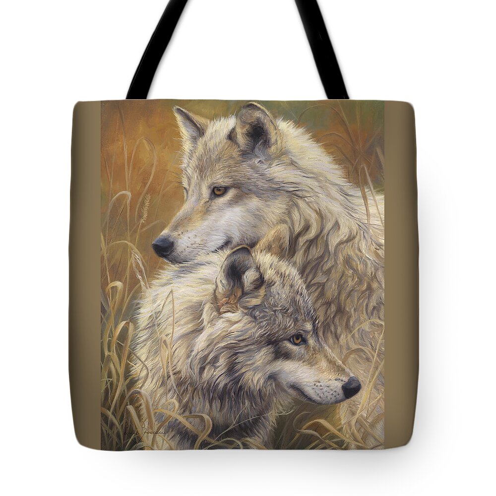 Wolf Tote Bag featuring the painting Together by Lucie Bilodeau
