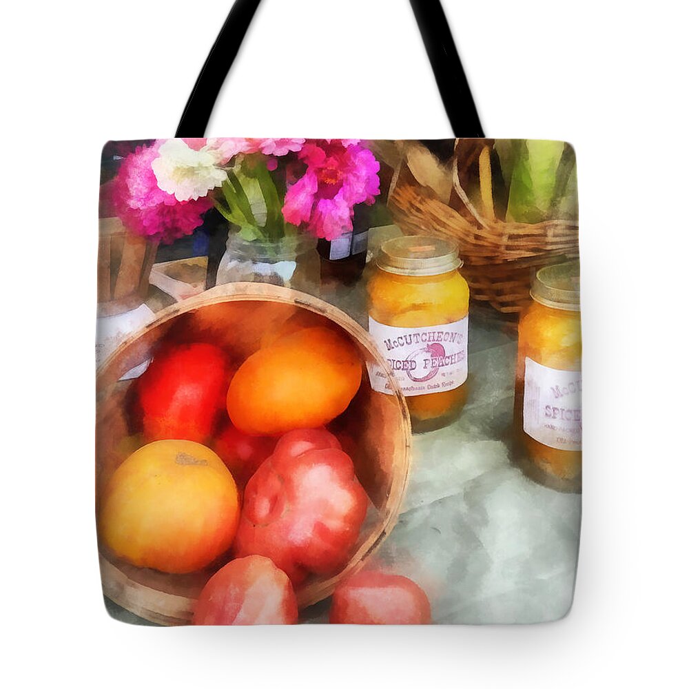 Tomato Tote Bag featuring the photograph Tomatoes and Peaches by Susan Savad