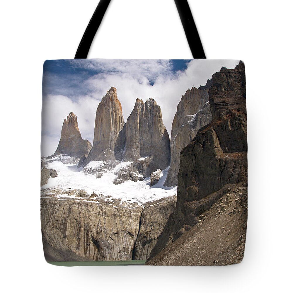 Scenics Tote Bag featuring the photograph Torres Del Paine With Hiker Below by John Elk