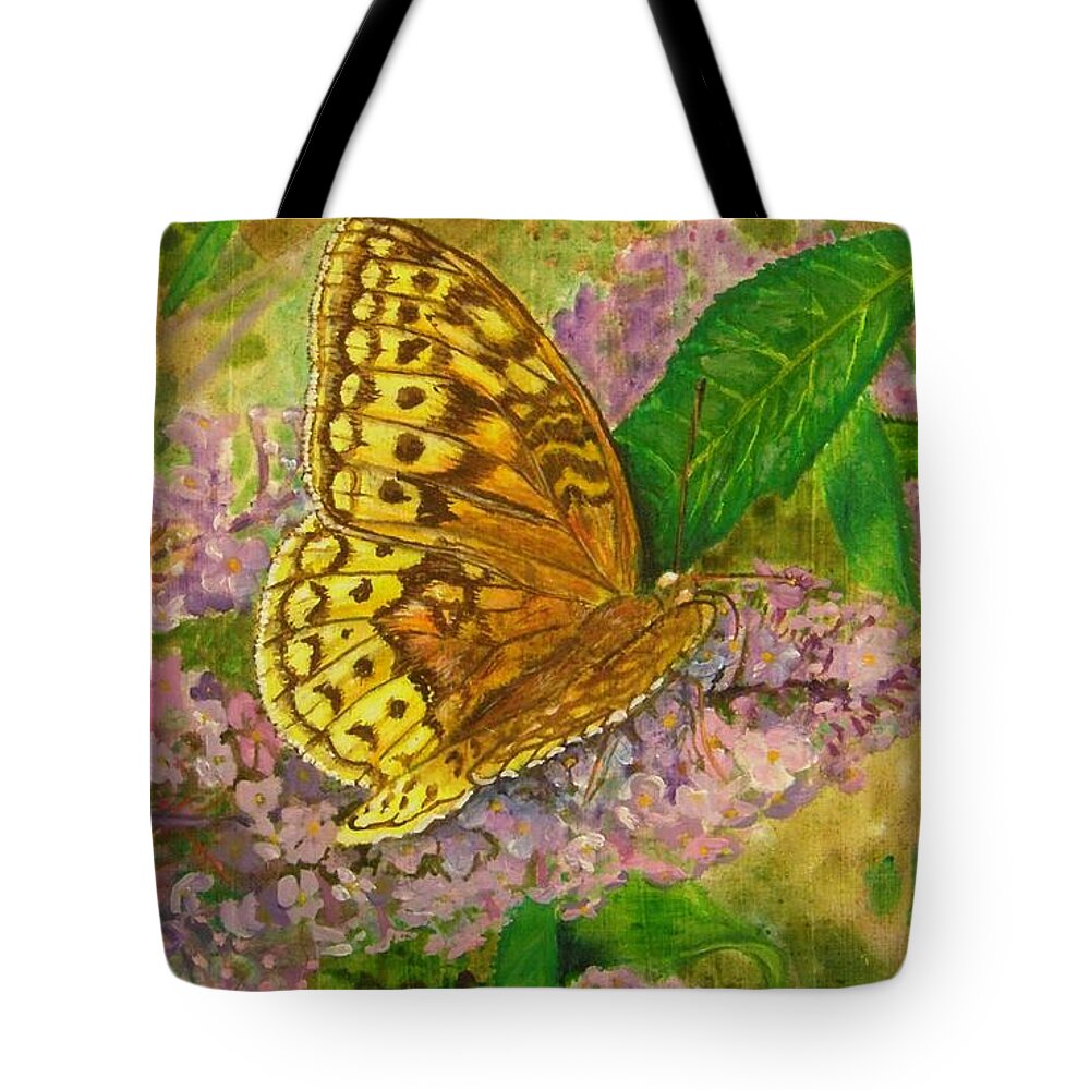 Butterfly Tote Bag featuring the painting Touchdown on Purple by Nicole Angell