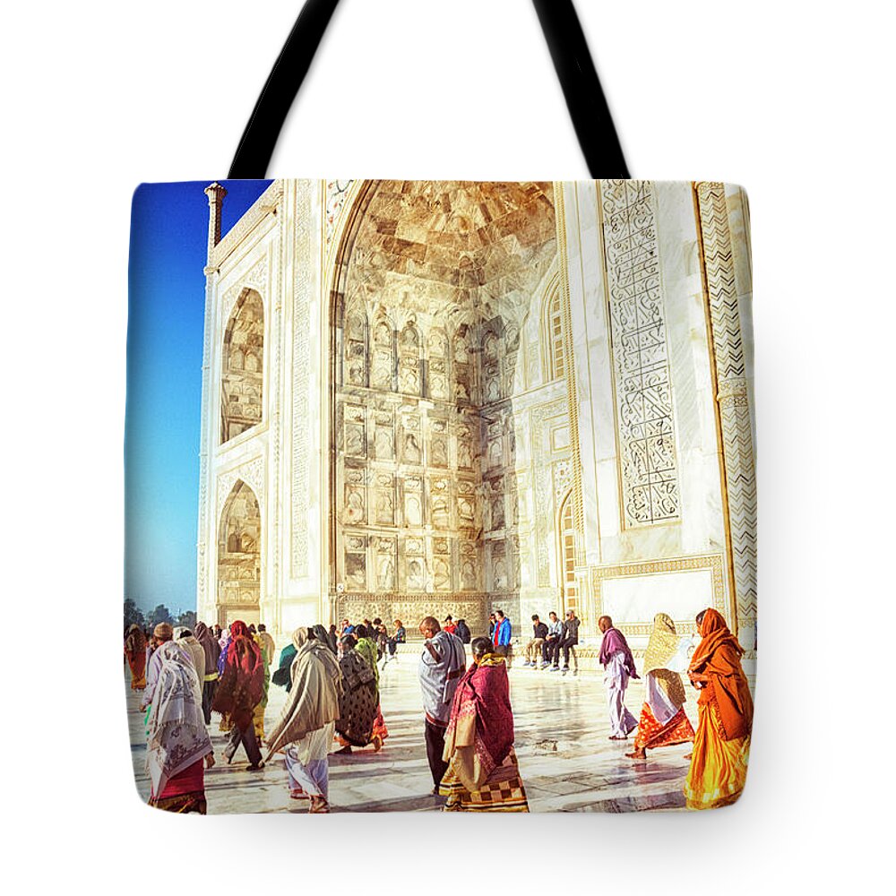 Crowd Tote Bag featuring the photograph Tourists At The Taj Mahal by Powerofforever