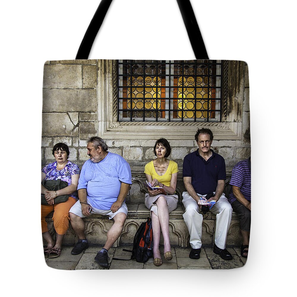 Tourists Tote Bag featuring the photograph Tourists On Bench - Dubrovnik, Croatia by Madeline Ellis