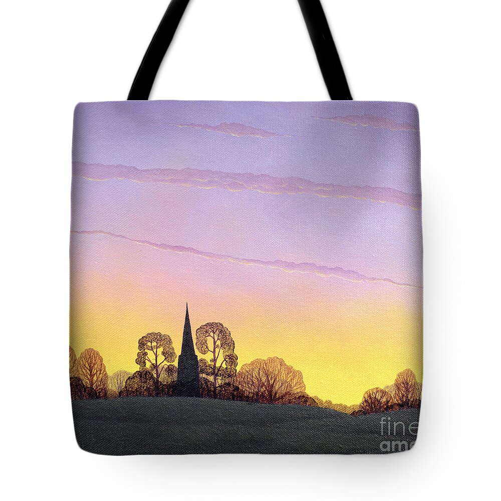 Church; Spire; Sunset; Dusk; Evening; Silhouette; Tree; Trees; Landscape; Rural Tote Bag featuring the painting Towards Grandborough by Ann Brian