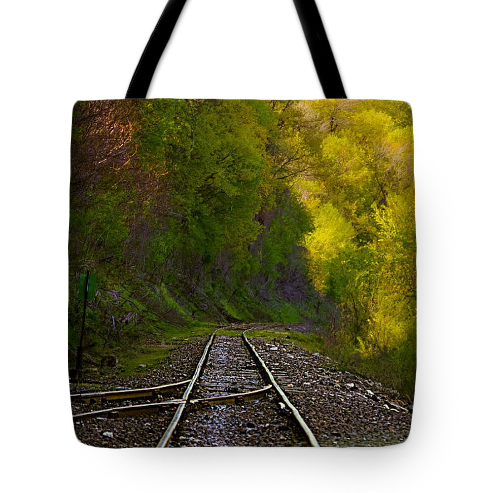 Railroad Tracks Landscape Tote Bag featuring the photograph Track Through The Hillside by Peggy Franz