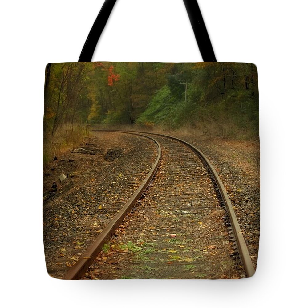 Train Tote Bag featuring the photograph Tracking thru the Woods by Karol Livote