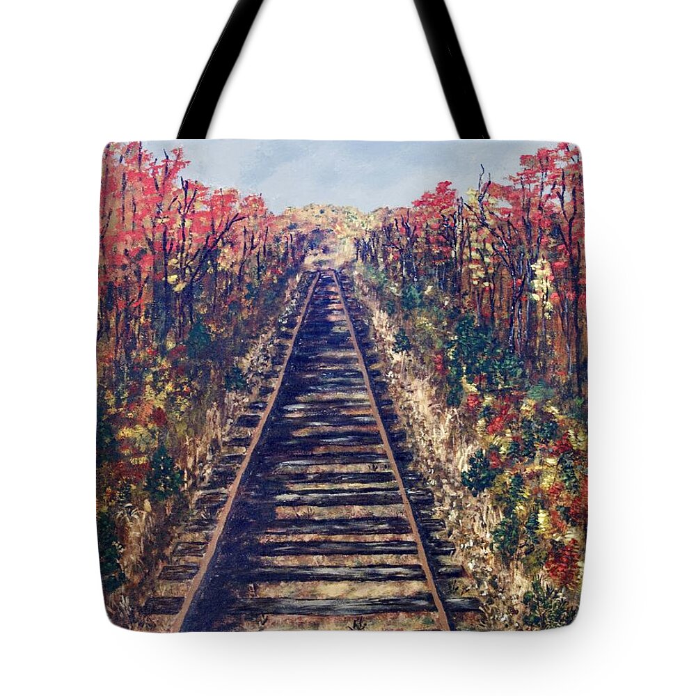 Railroad Tracks Tote Bag featuring the painting Tracks Remembered by Cynthia Morgan