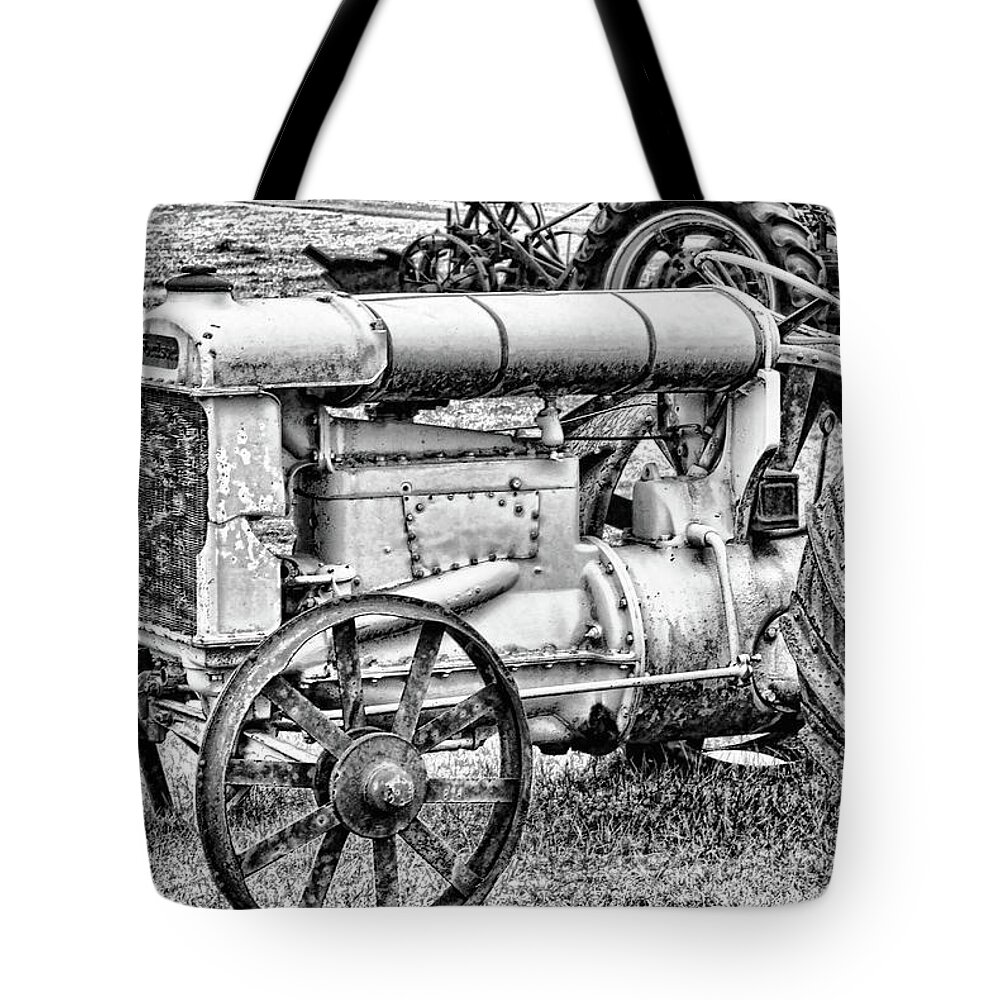 Black And White Tote Bag featuring the photograph Tractor by Ron Roberts