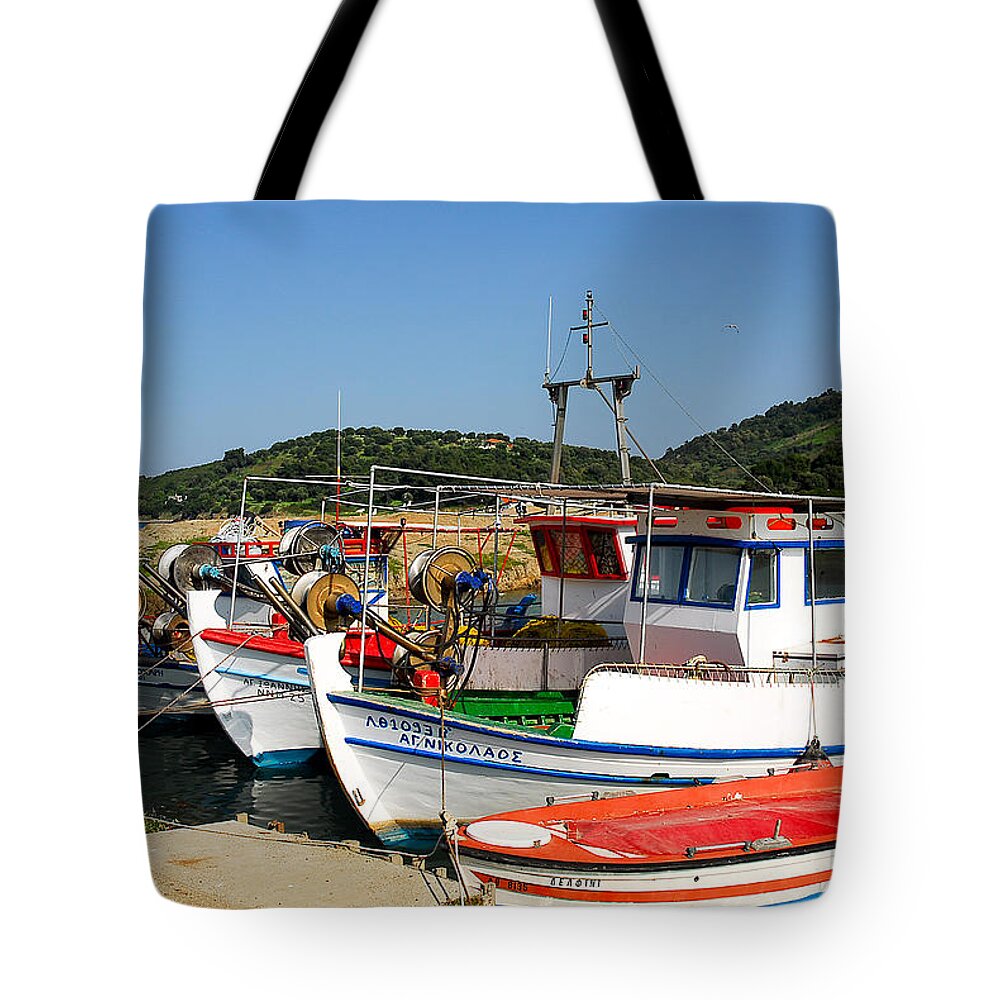 Europe Tote Bag featuring the photograph Traditional Greek Boats by Roy Pedersen