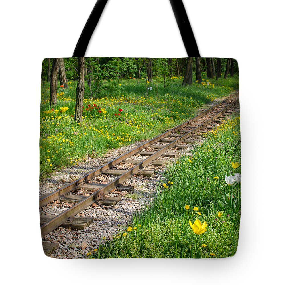 Railroad Tote Bag featuring the photograph Train Tracks Through Mystic Flower Forest by Andreas Berthold
