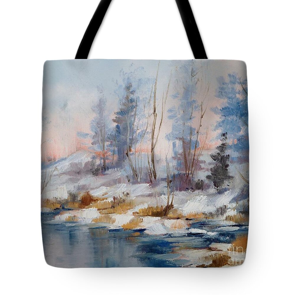 Trees Tote Bag featuring the painting Tranquil Sunrise by K M Pawelec
