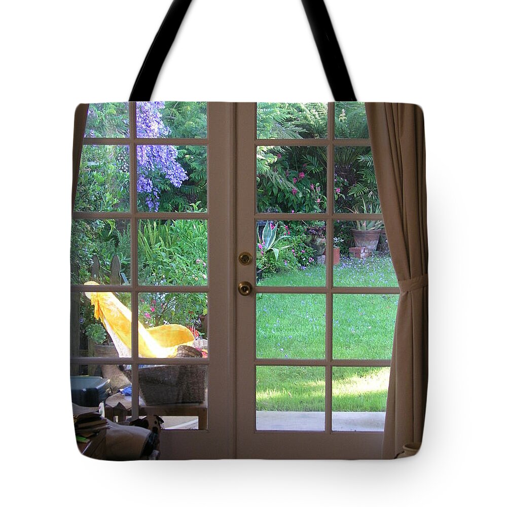 Tranquil Tote Bag featuring the photograph Tranquility through French Doors by Bev Conover