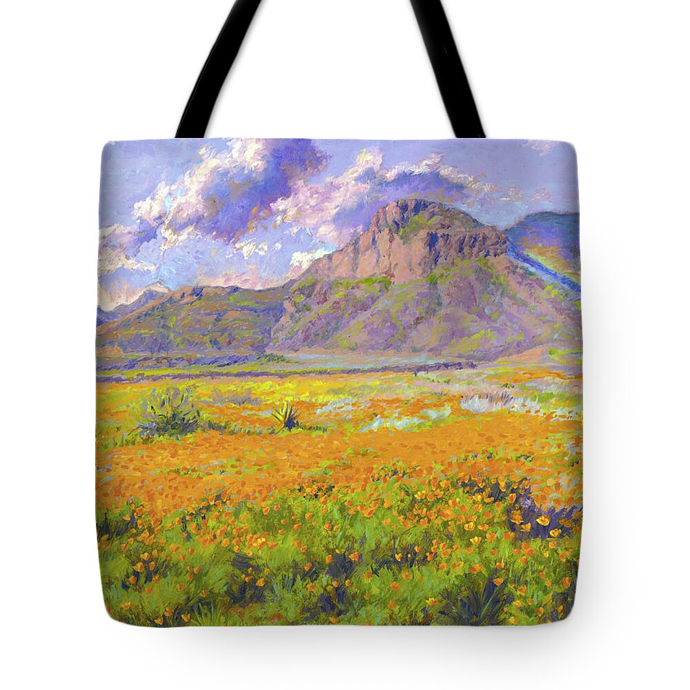 Transmountain Poppies Tote Bag featuring the painting Transmountain Poppies - El Paso by Abel DeLaRosa
