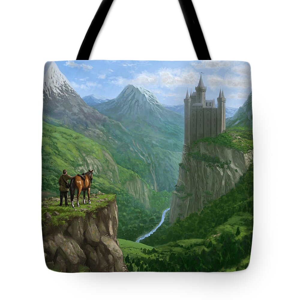 Landscape Tote Bag featuring the painting Traveller in landscape with distant Castle by Martin Davey
