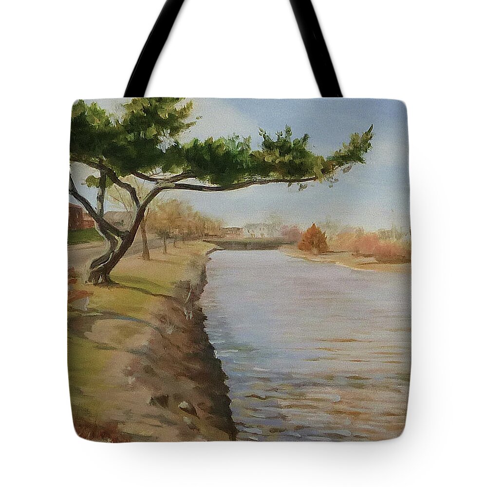 Landscape Tote Bag featuring the painting Tree with Lake by Ellen Paull