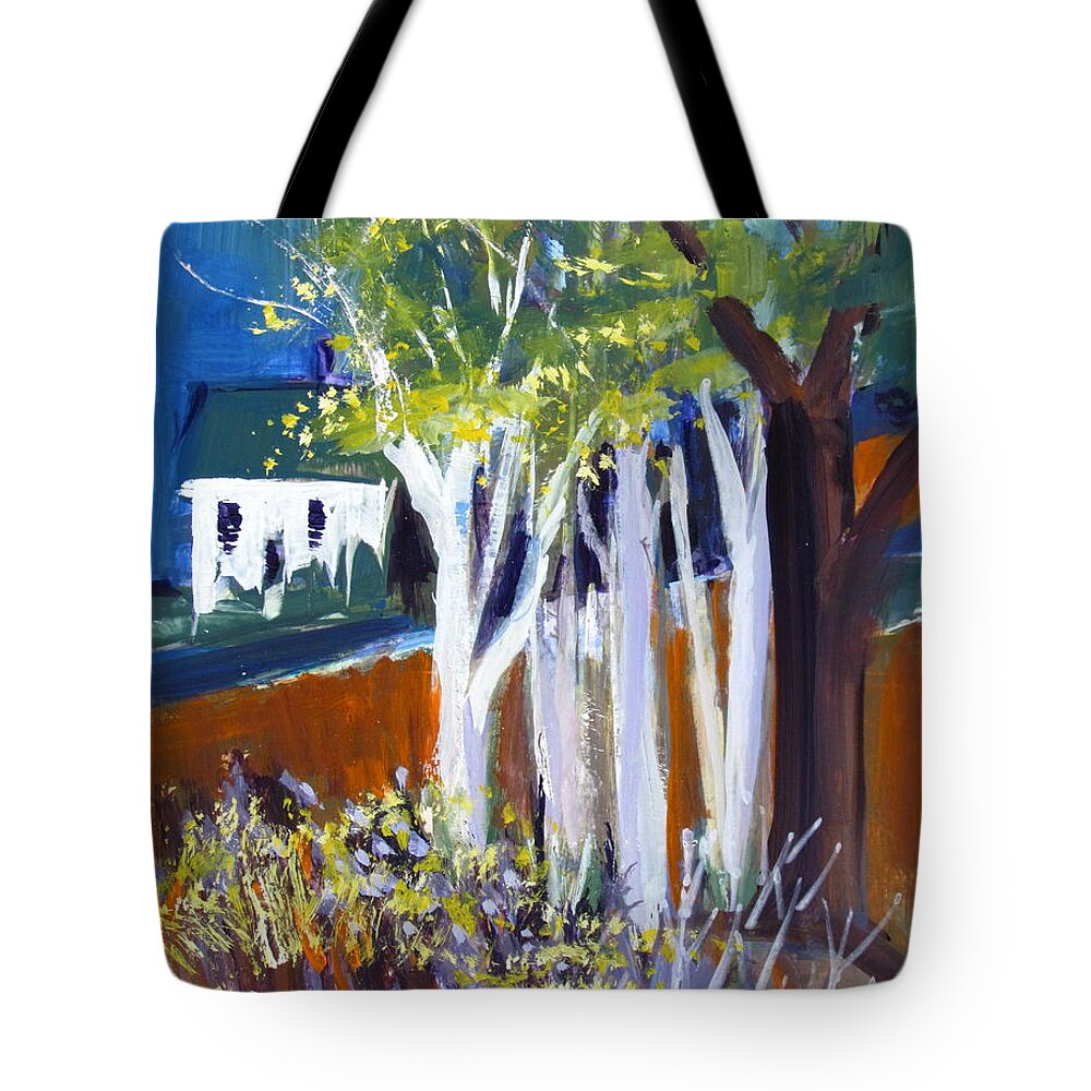 White Farm House Tote Bag featuring the painting Trees and White Farm House by Betty Pieper