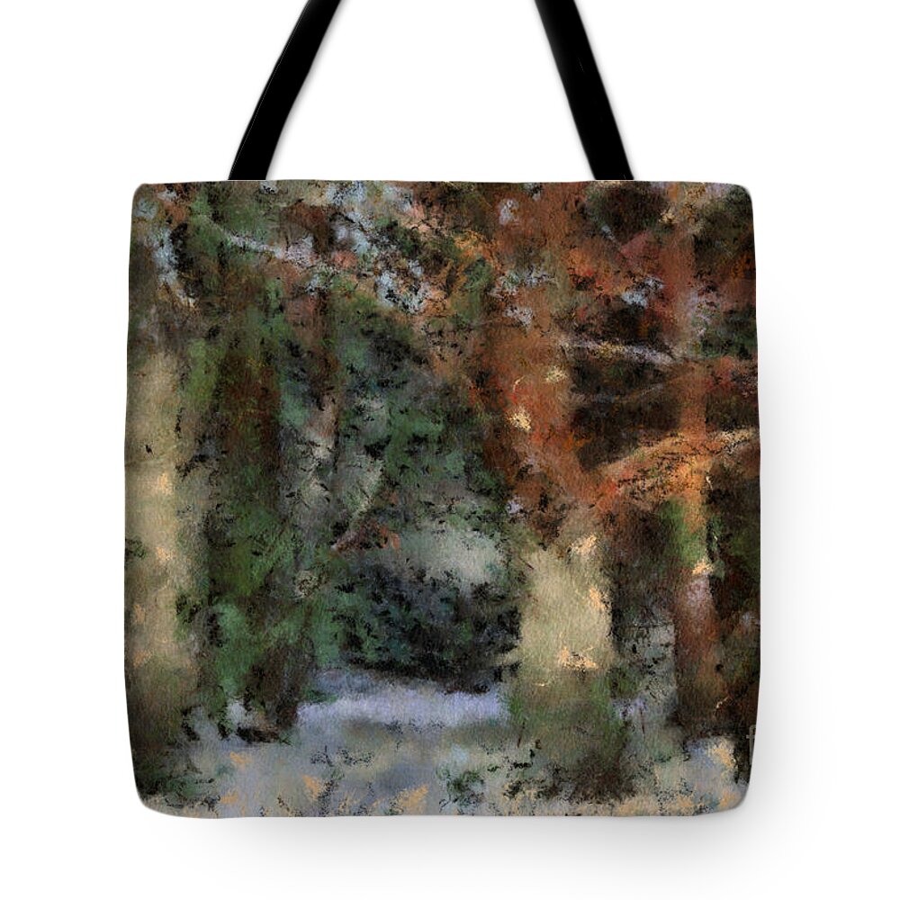 Winter Tote Bag featuring the digital art Trees in the wintery forest by Gina Koch