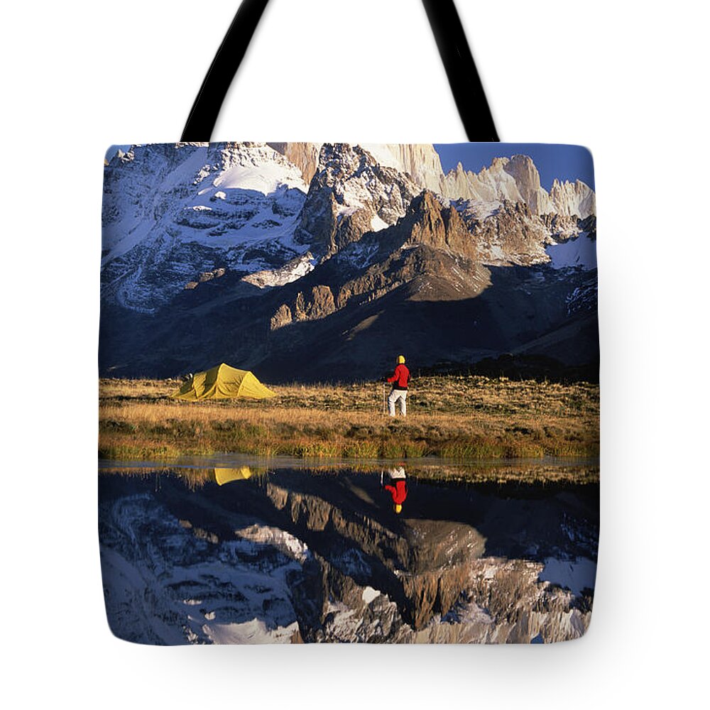 Feb0514 Tote Bag featuring the photograph Trekkers Camp Under Mt Fitzroy Patagonia by Colin Monteath
