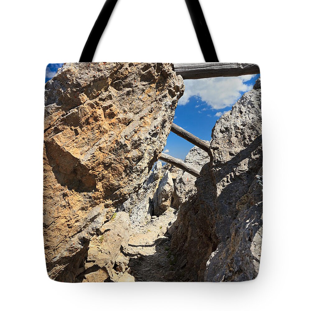 Alpine Tote Bag featuring the photograph trench in Dolomites by Antonio Scarpi