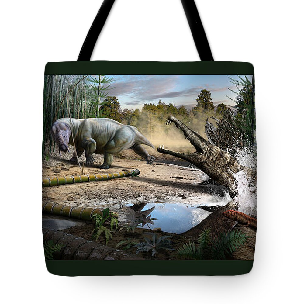 Dinosaur Tote Bag featuring the digital art Triassic mural 1 by Julius Csotonyi