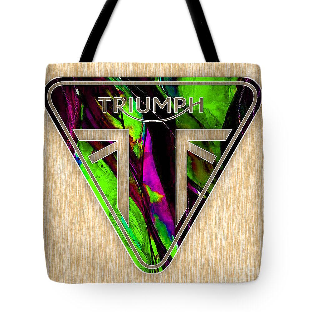 Motorcycle Tote Bag featuring the mixed media Triumph Motorcycle Badge by Marvin Blaine