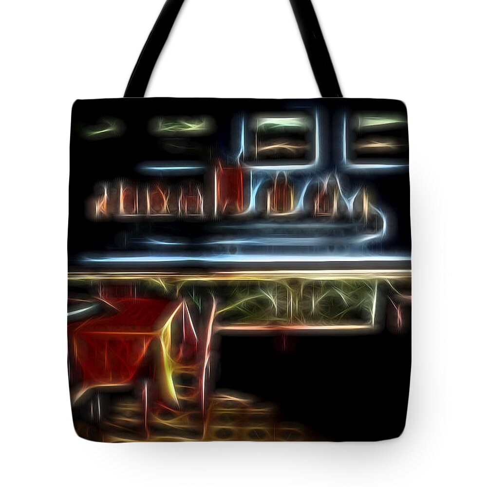 Warm Reds Tote Bag featuring the digital art Tropical Dining Room 1 by William Horden