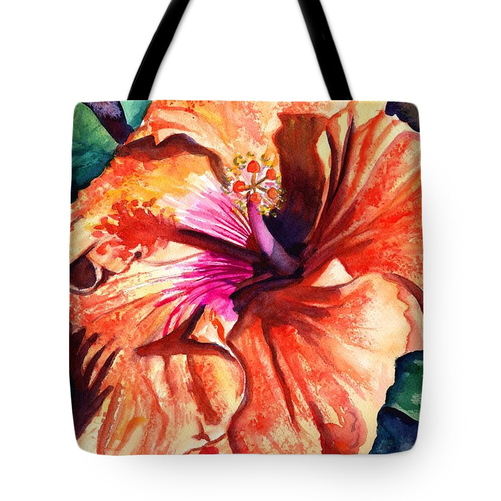Orange Hibiscus Tote Bag featuring the painting Tropical Hibiscus by Marionette Taboniar