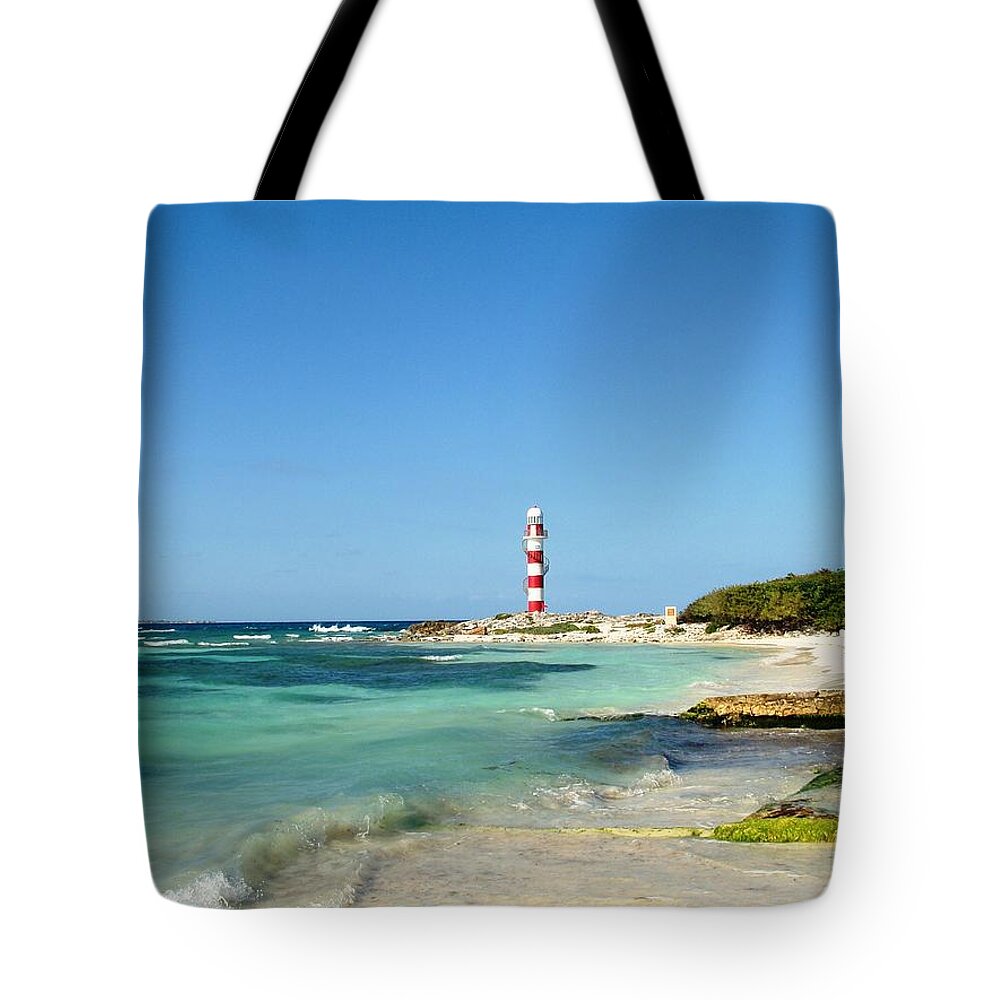 Tropical Tote Bag featuring the photograph Tropical Seascape with Lighthouse by Cristina Stefan