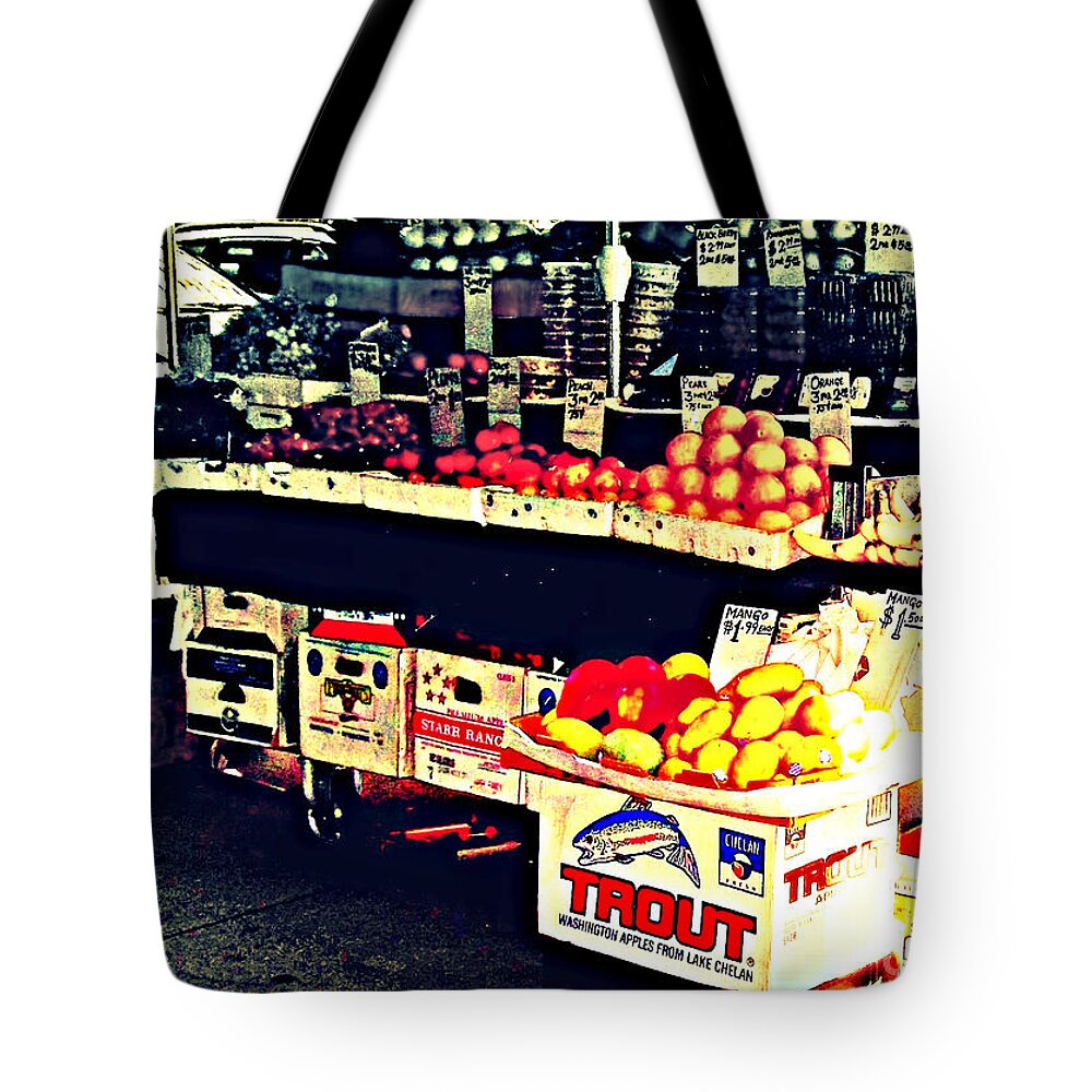 Fruit Tote Bag featuring the photograph Vintage Outdoor Fruit and Vegetable Stand - Markets of New York City by Miriam Danar