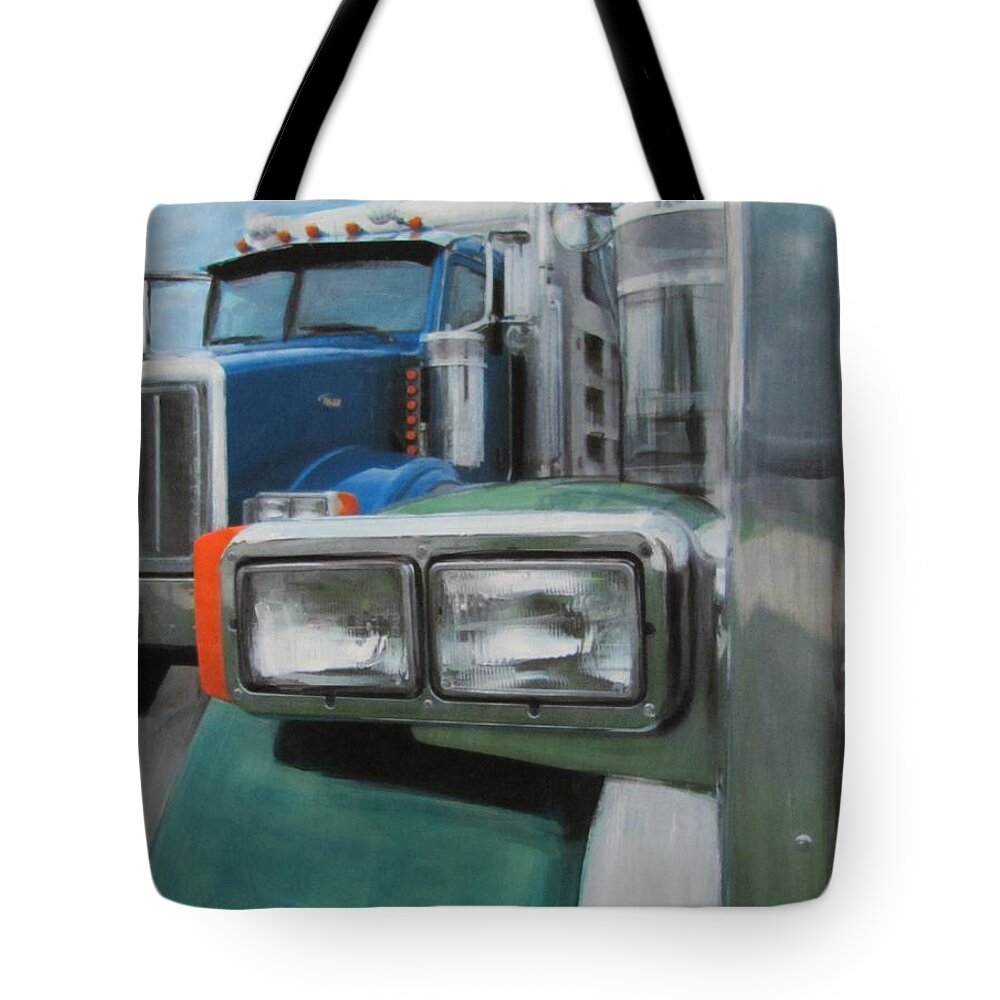 Truck Tote Bag featuring the painting Trucks in Green and Blue by Anita Burgermeister