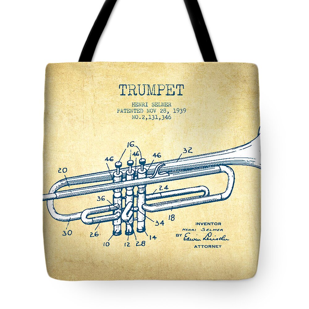 Trumpet Tote Bag featuring the digital art Trumpet Patent from 1939 - Vintage Paper by Aged Pixel