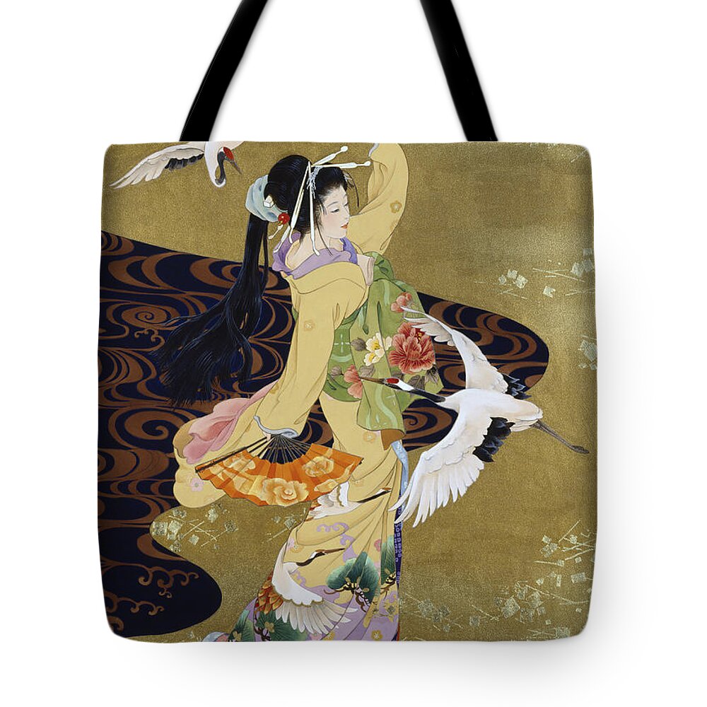 Haruyo Morita Tote Bag featuring the digital art Tsuru No Mai by MGL Meiklejohn Graphics Licensing