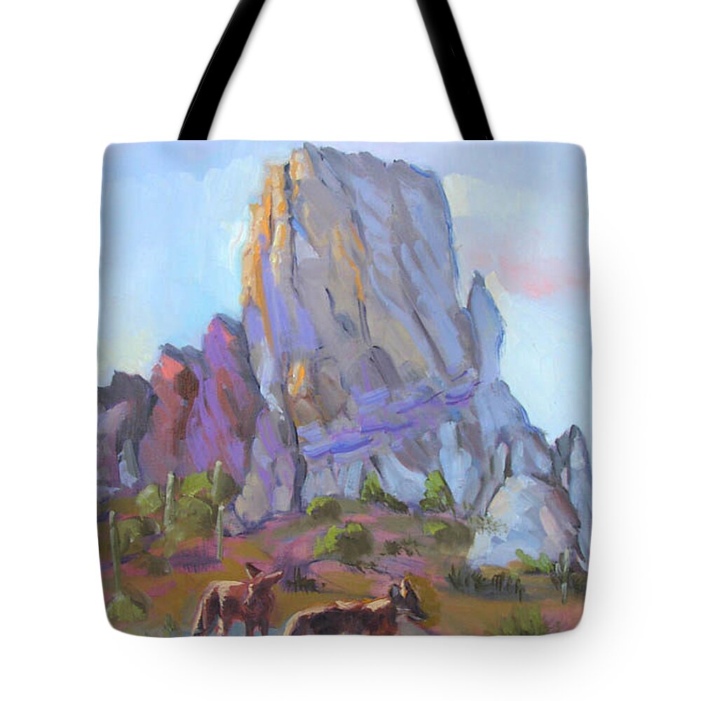 Southwest Art Tote Bag featuring the painting Tucson Butte with two coyotes by Suzanne Giuriati Cerny
