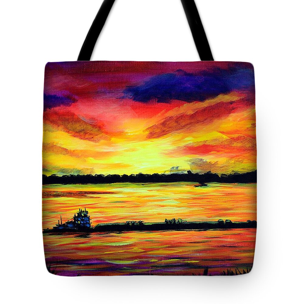 Mississippi River Tote Bag featuring the painting Tugboat On The Mississippi by Karl Wagner