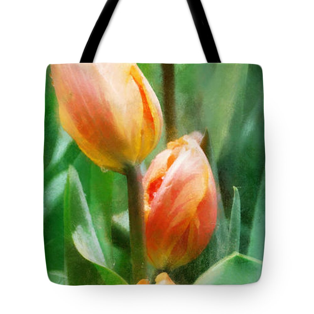 Tulips Spring Flower Bloom Bulb Bud Blooming Blossom Garden Bed Tote Bag featuring the digital art Tulip Quartet by Frances Miller