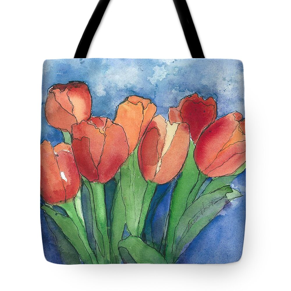 Red And Orange Tulips Tote Bag featuring the painting Tulips After the Rain by Maria Hunt