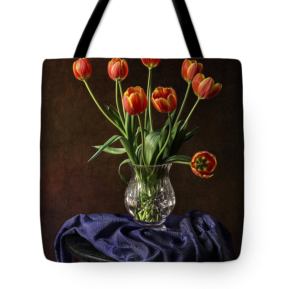 Vase Tote Bag featuring the photograph Tulips In A Crystal Vase by Endre Balogh