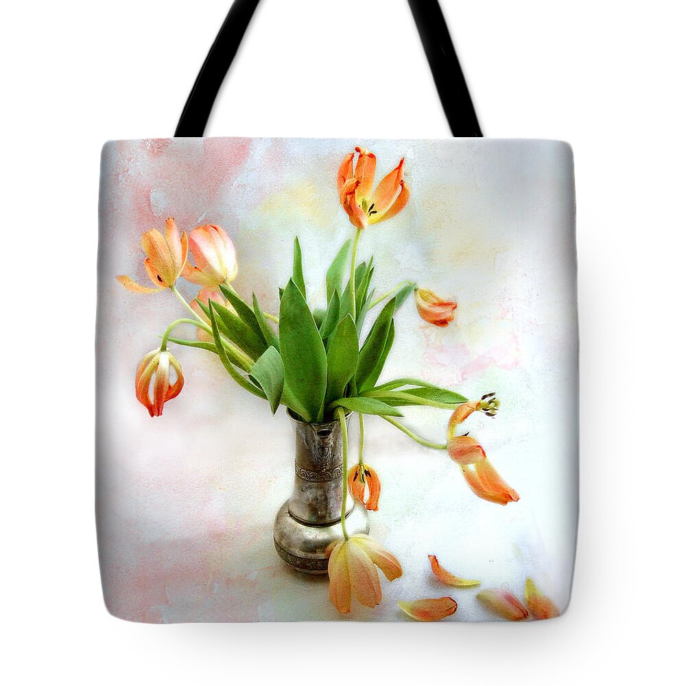 Tulips. Tulip. Flowers Tote Bag featuring the photograph Tulips in an Old Silver Pitcher by Louise Kumpf