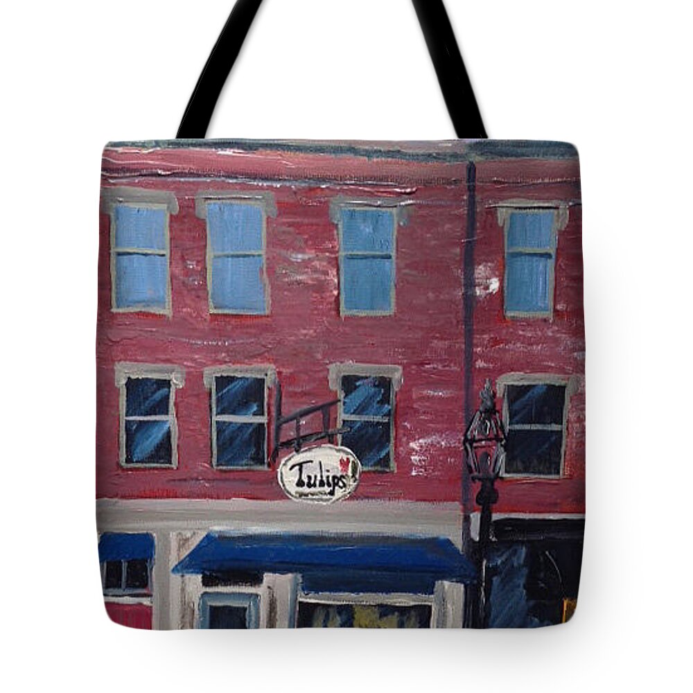 #shopfronts #americana Tote Bag featuring the painting Tulips on Market Street by Francois Lamothe