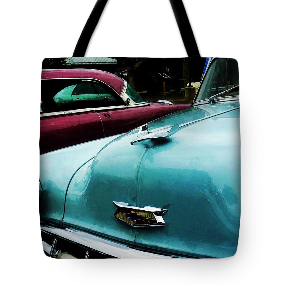 Car Tote Bag featuring the photograph Turquoise Bel Air by Susan Savad