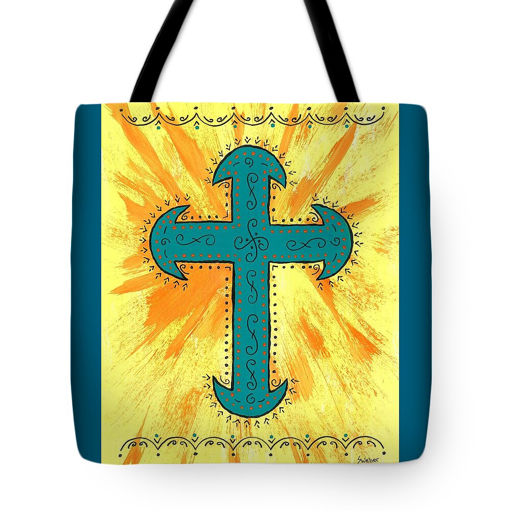 Southwest Tote Bag featuring the painting Turquoise Southwestern Cross by Susie Weber